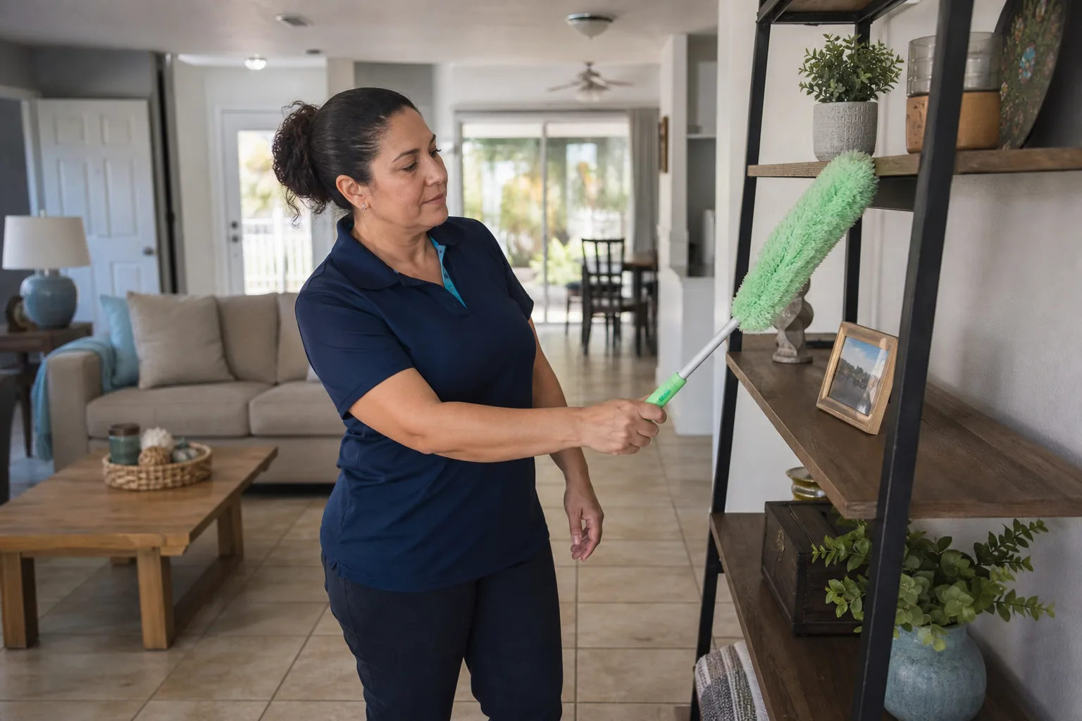 A house cleaner dusting open living-room shelving in a lived-in home