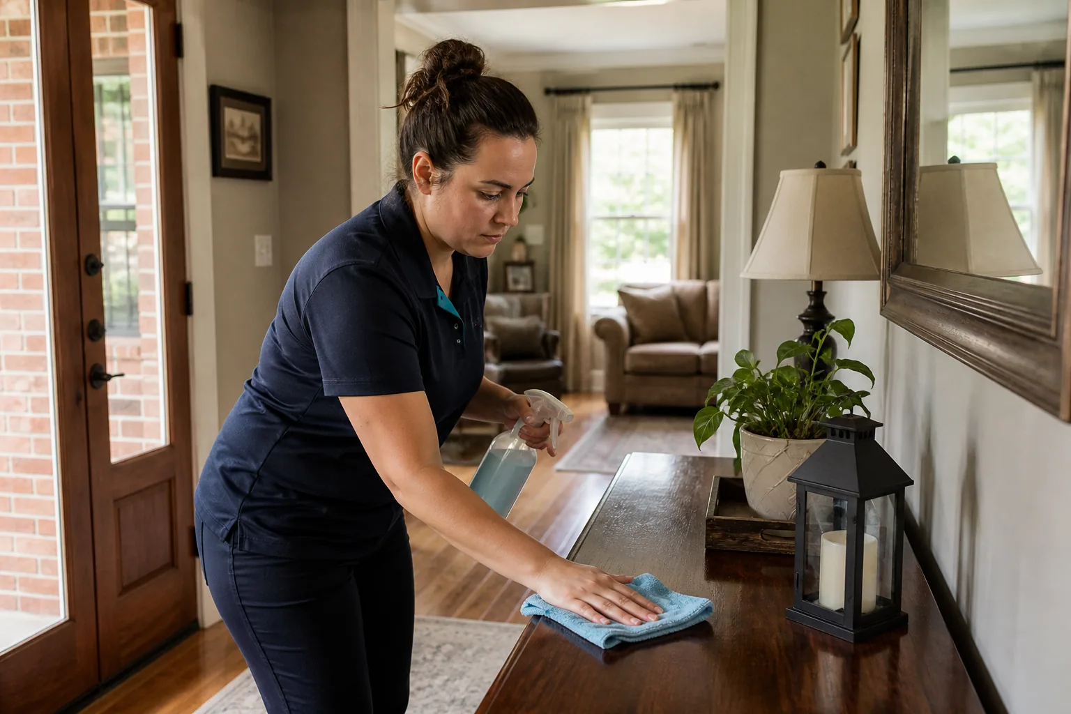 A house cleaner wiping a wood entry console in a lived-in home