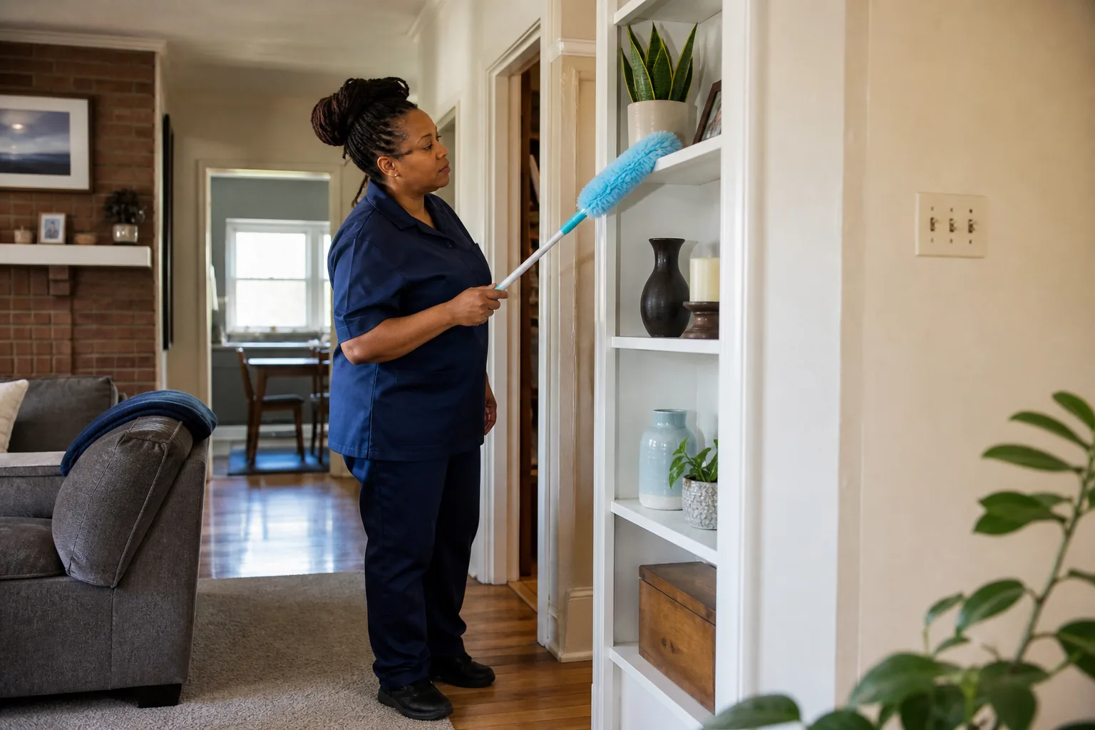 A house cleaner dusting open living-room shelving in a lived-in home