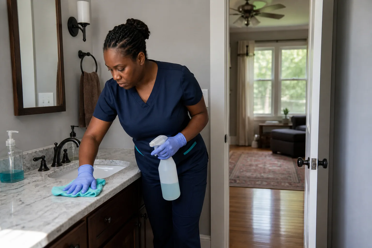 A house cleaner cleaning a bathroom vanity in a lived-in home