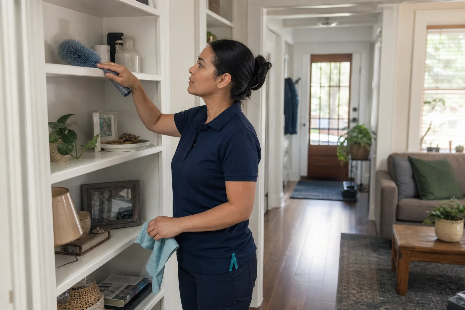 A house cleaner dusting open living-room shelving in a lived-in home