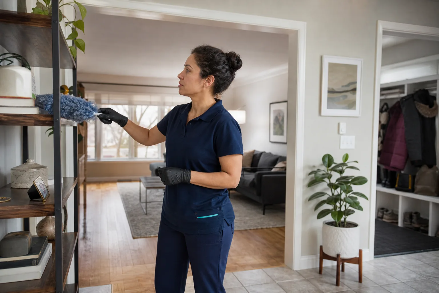 A house cleaner dusting open living-room shelving in a lived-in home