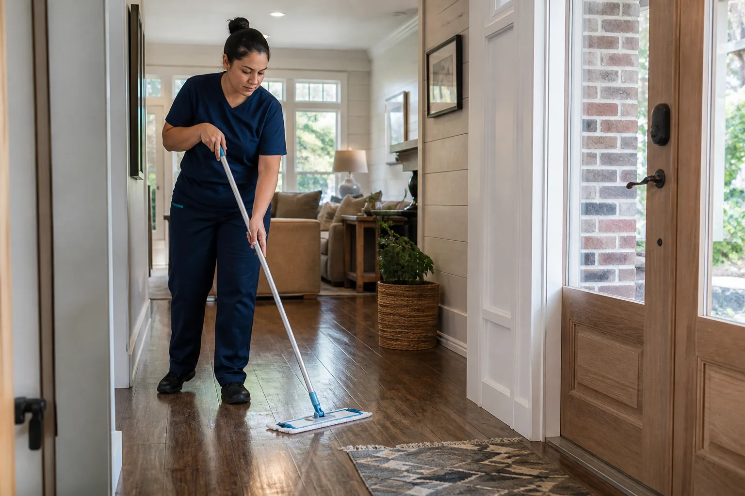 A house cleaner mopping a hard-floor entry in a lived-in home