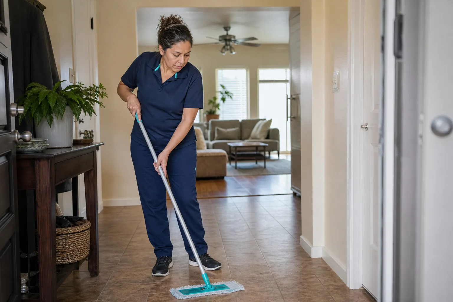 A house cleaner mopping a hard-floor entry in a lived-in home