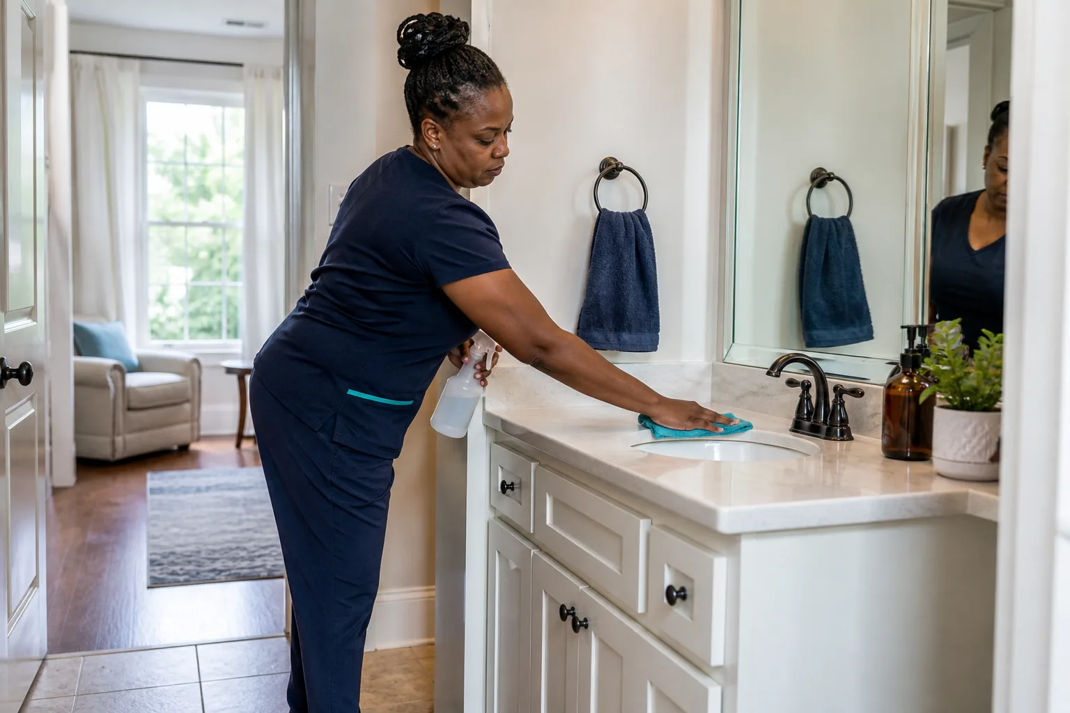 A house cleaner cleaning a bathroom vanity in a lived-in home