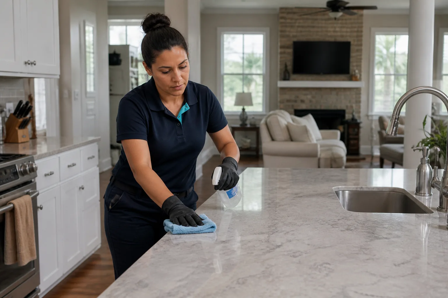 A house cleaner cleaning a kitchen island in a lived-in home
