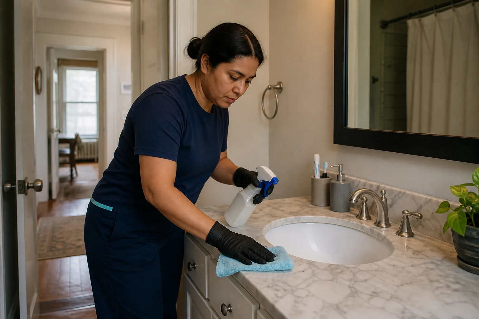 A house cleaner cleaning a bathroom vanity in a lived-in home