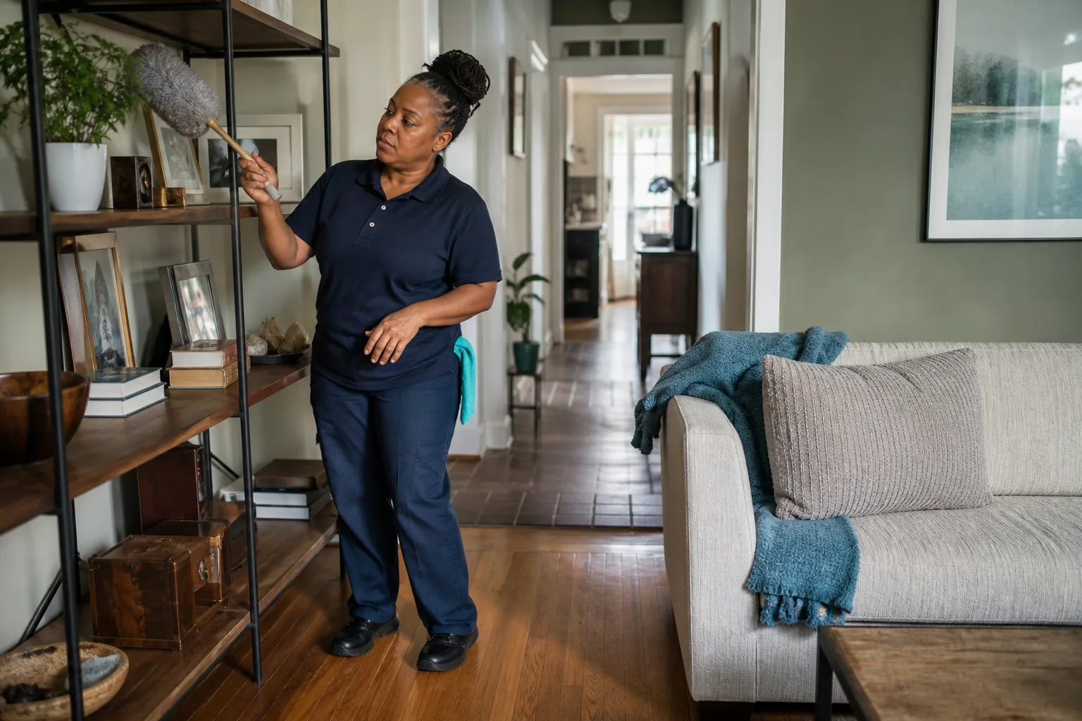 A house cleaner dusting open living-room shelving in a lived-in home