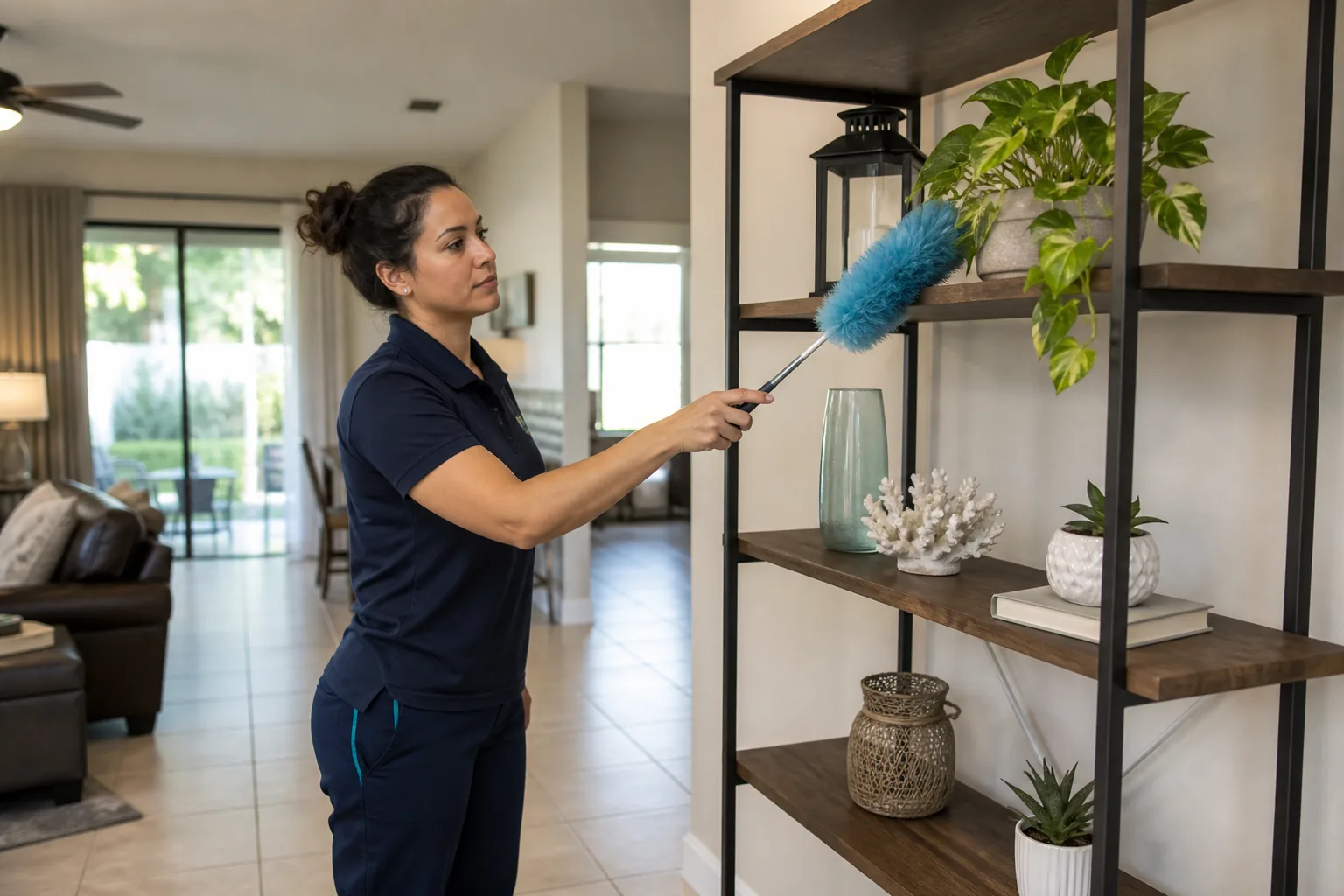 A house cleaner dusting open living-room shelving in a lived-in home