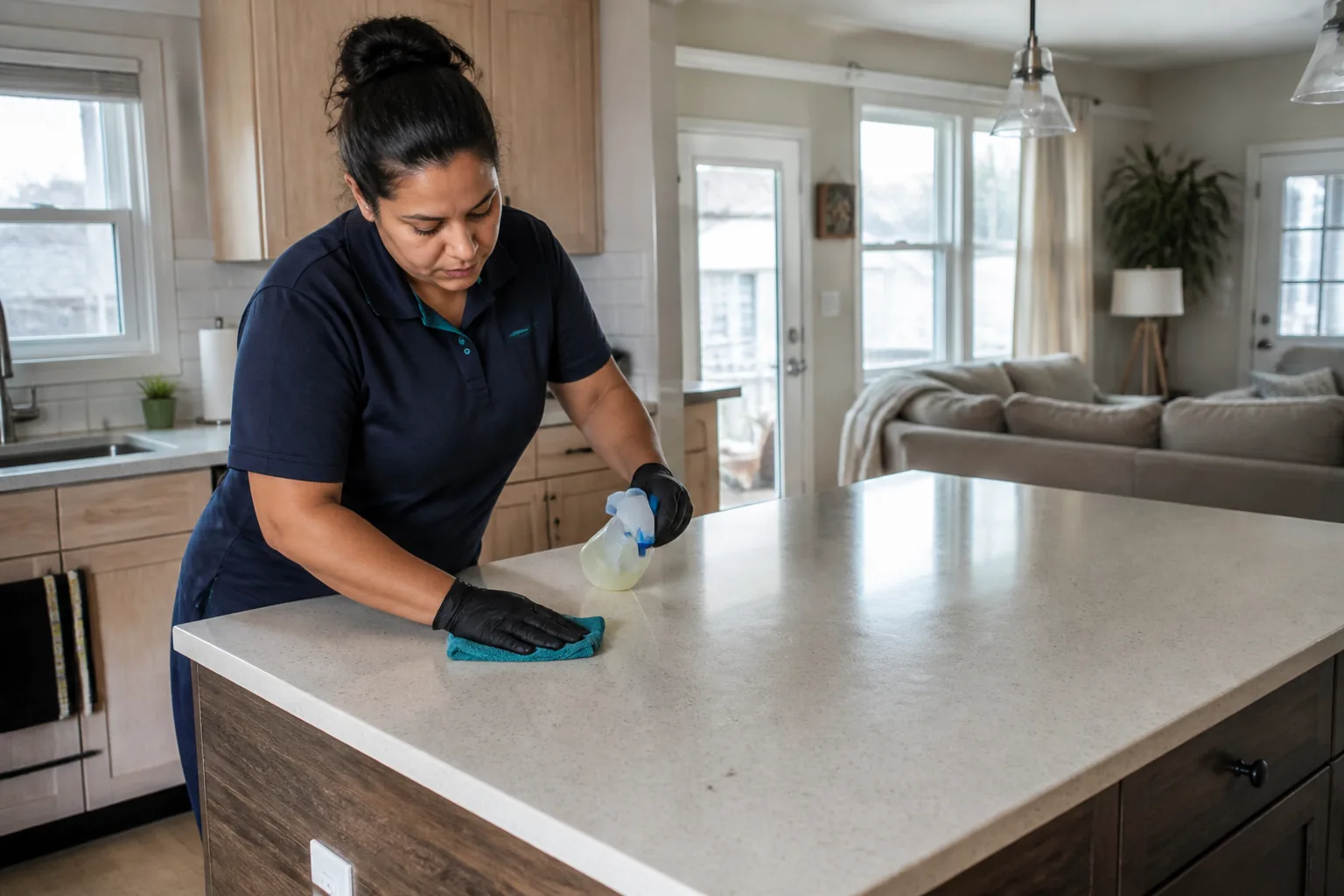 A house cleaner cleaning a kitchen island in a lived-in home