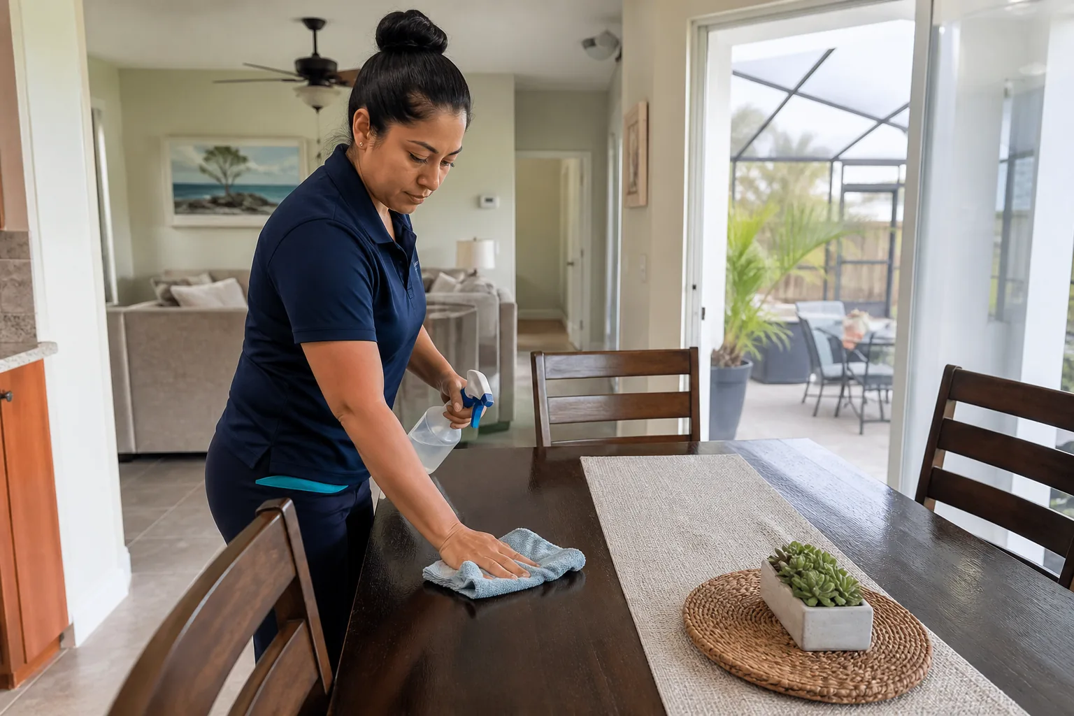 A house cleaner wiping a dining table in a lived-in home