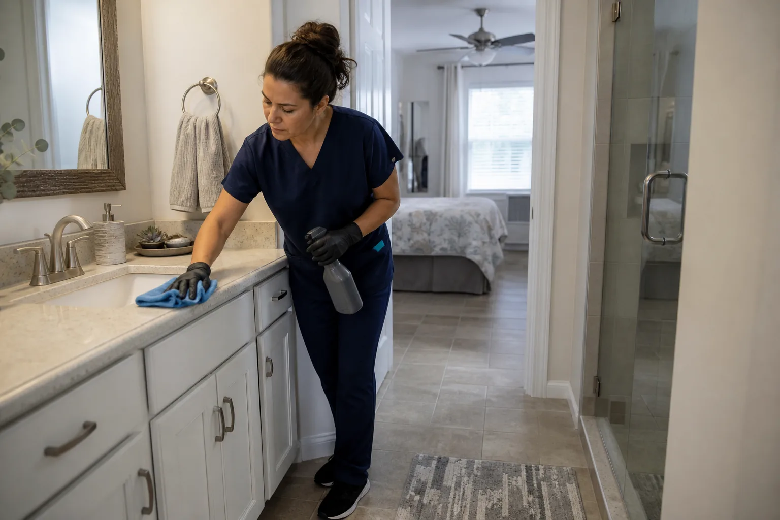 A house cleaner cleaning a bathroom vanity in a lived-in home