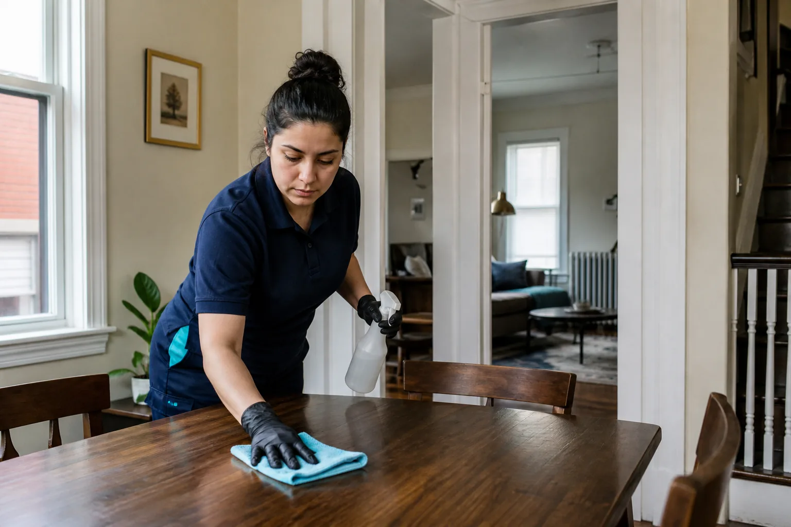 A house cleaner wiping a dining table in a lived-in home