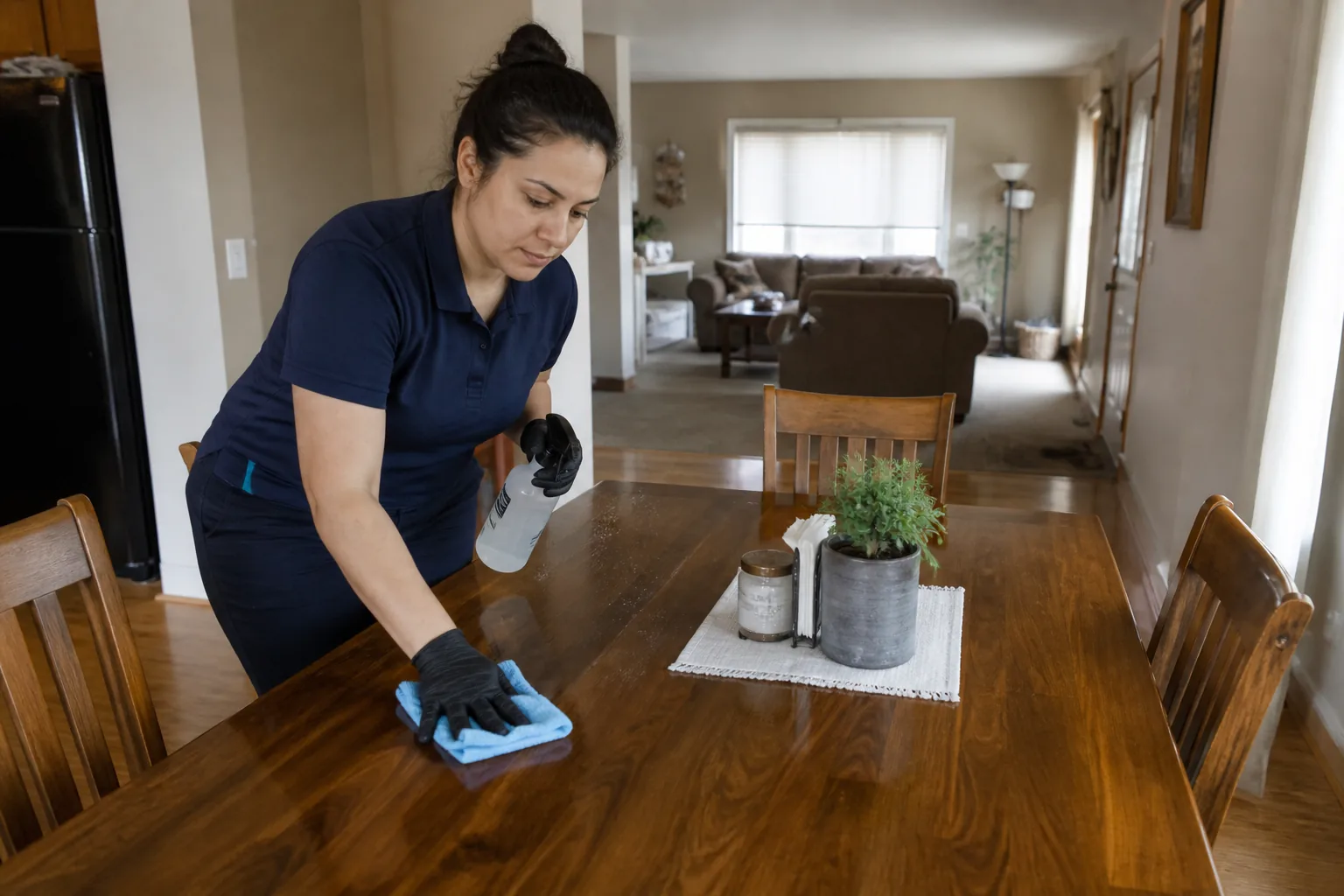 A house cleaner wiping a dining table in a lived-in home