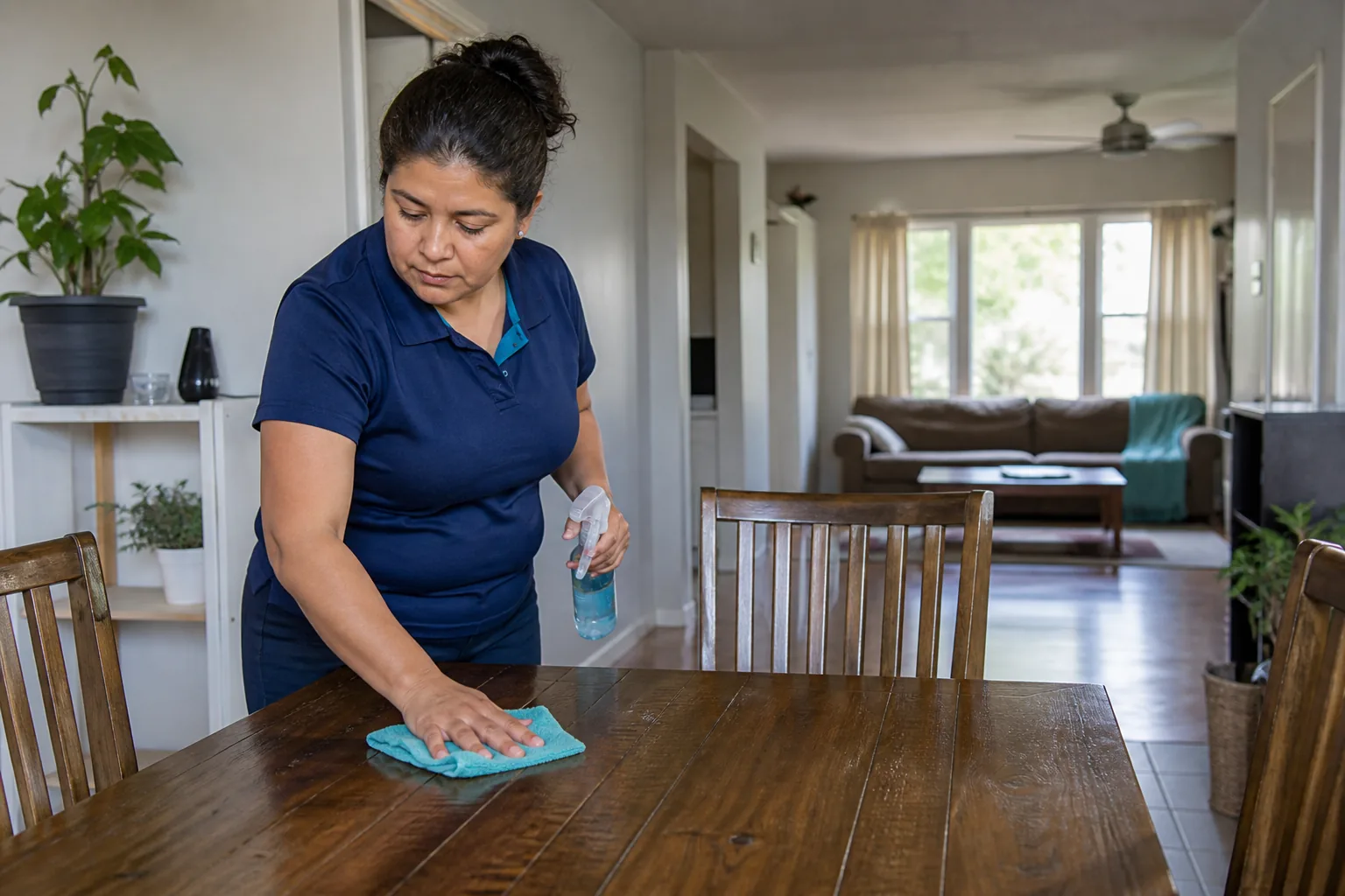 A house cleaner wiping a dining table in a lived-in home