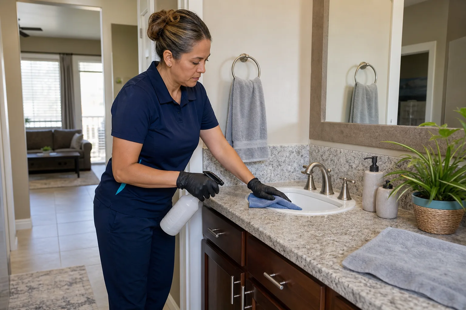A house cleaner cleaning a bathroom vanity in a lived-in home