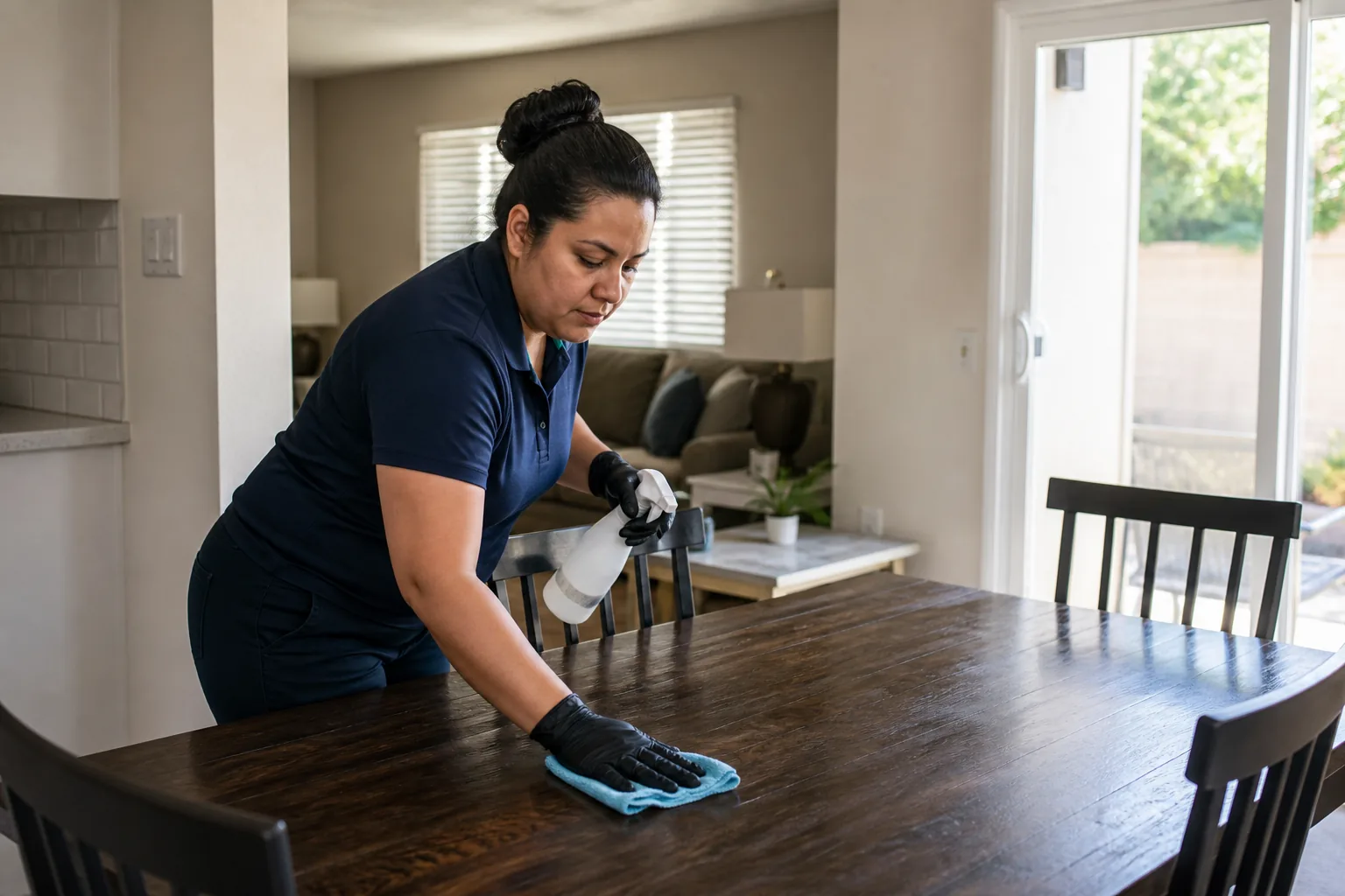 A house cleaner wiping a dining table in a lived-in home