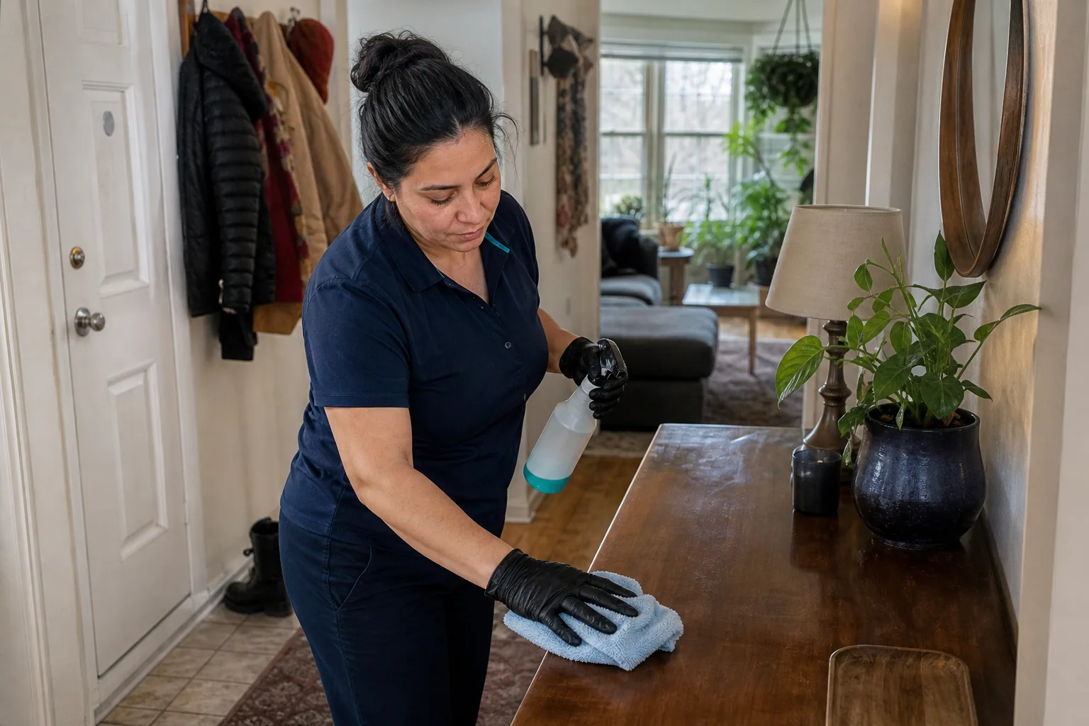 A house cleaner wiping a wood entry console in a lived-in home
