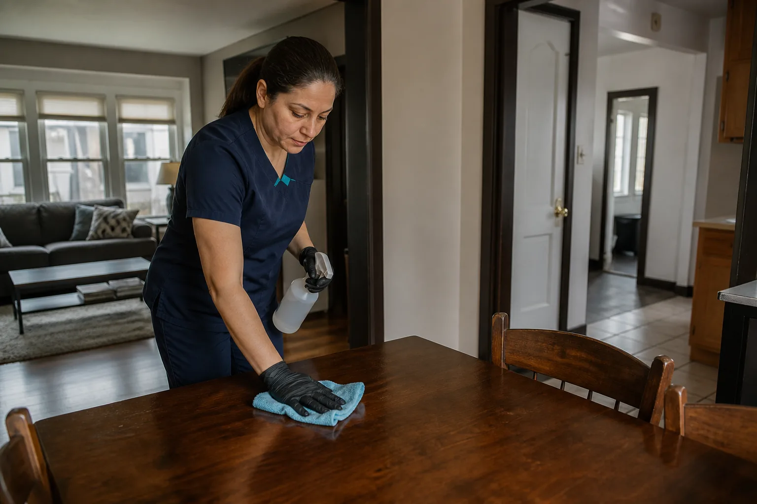 A house cleaner wiping a dining table in a lived-in home