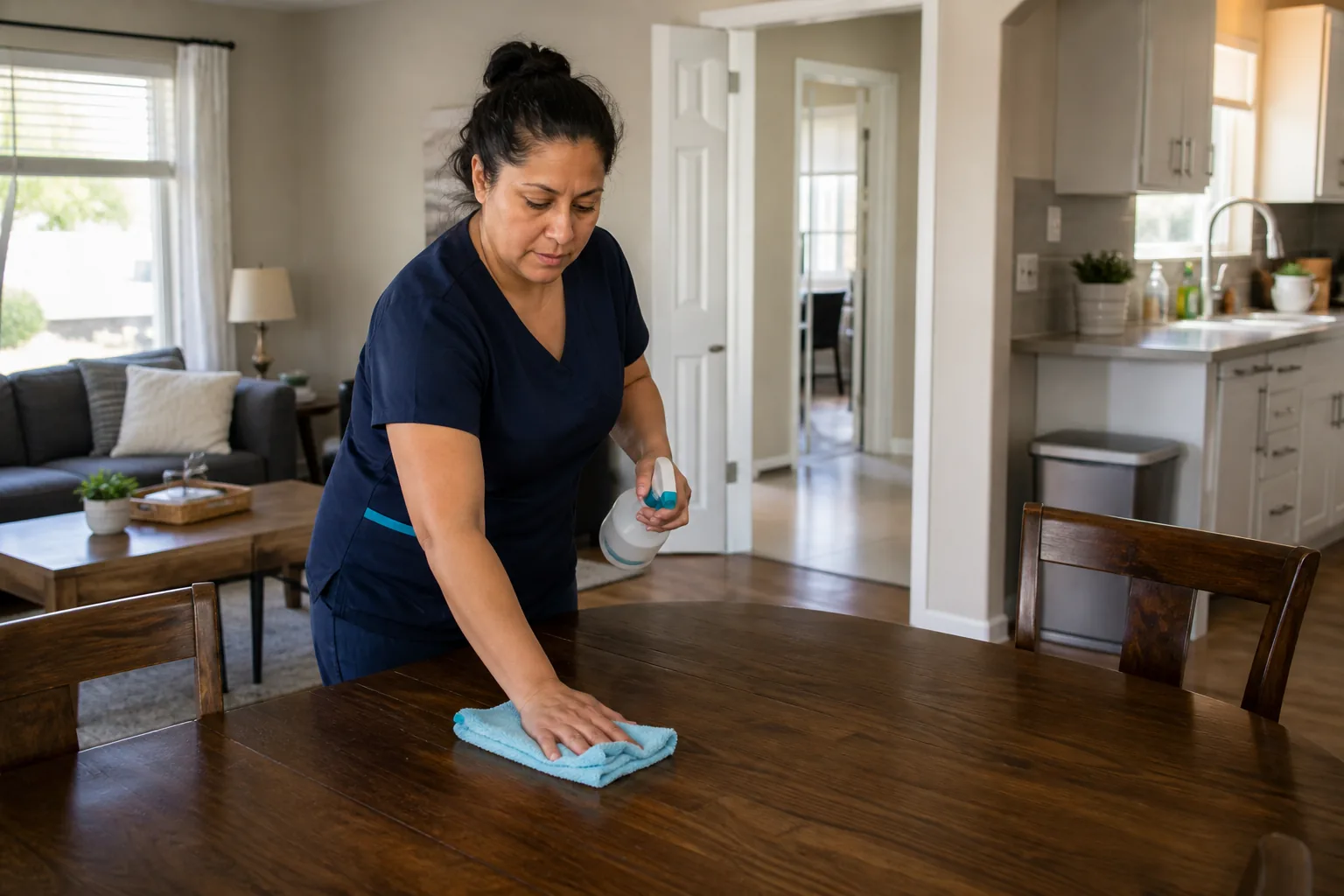 A house cleaner wiping a dining table in a lived-in home