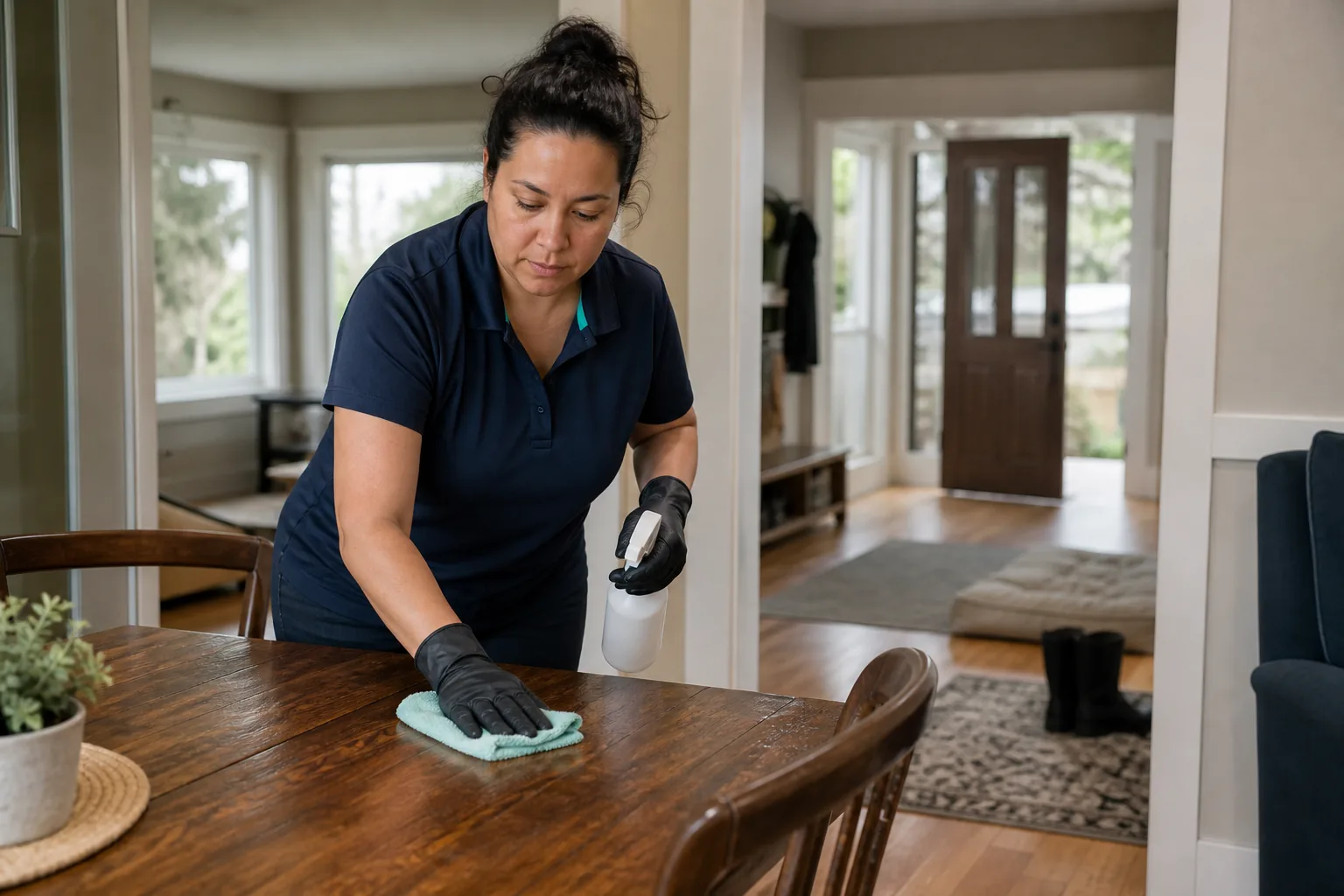 A house cleaner wiping a dining table in a lived-in home