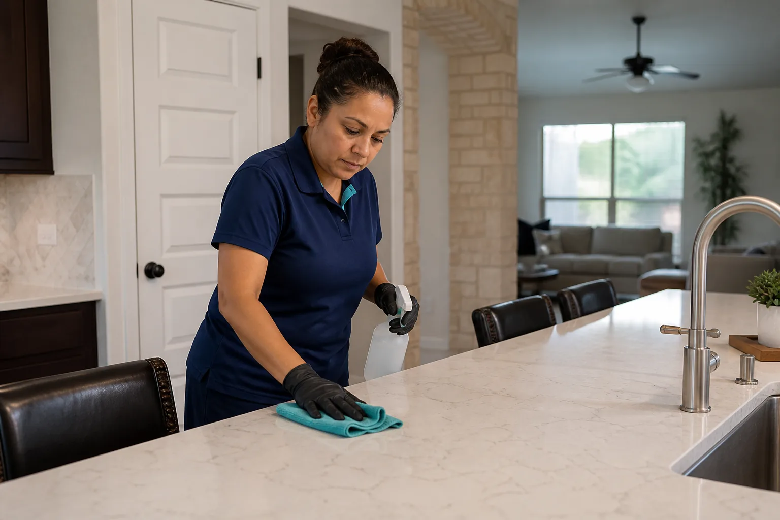 A house cleaner cleaning a kitchen island in a lived-in home