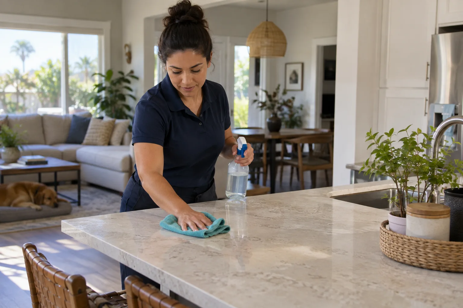 A house cleaner cleaning a kitchen island in a lived-in home