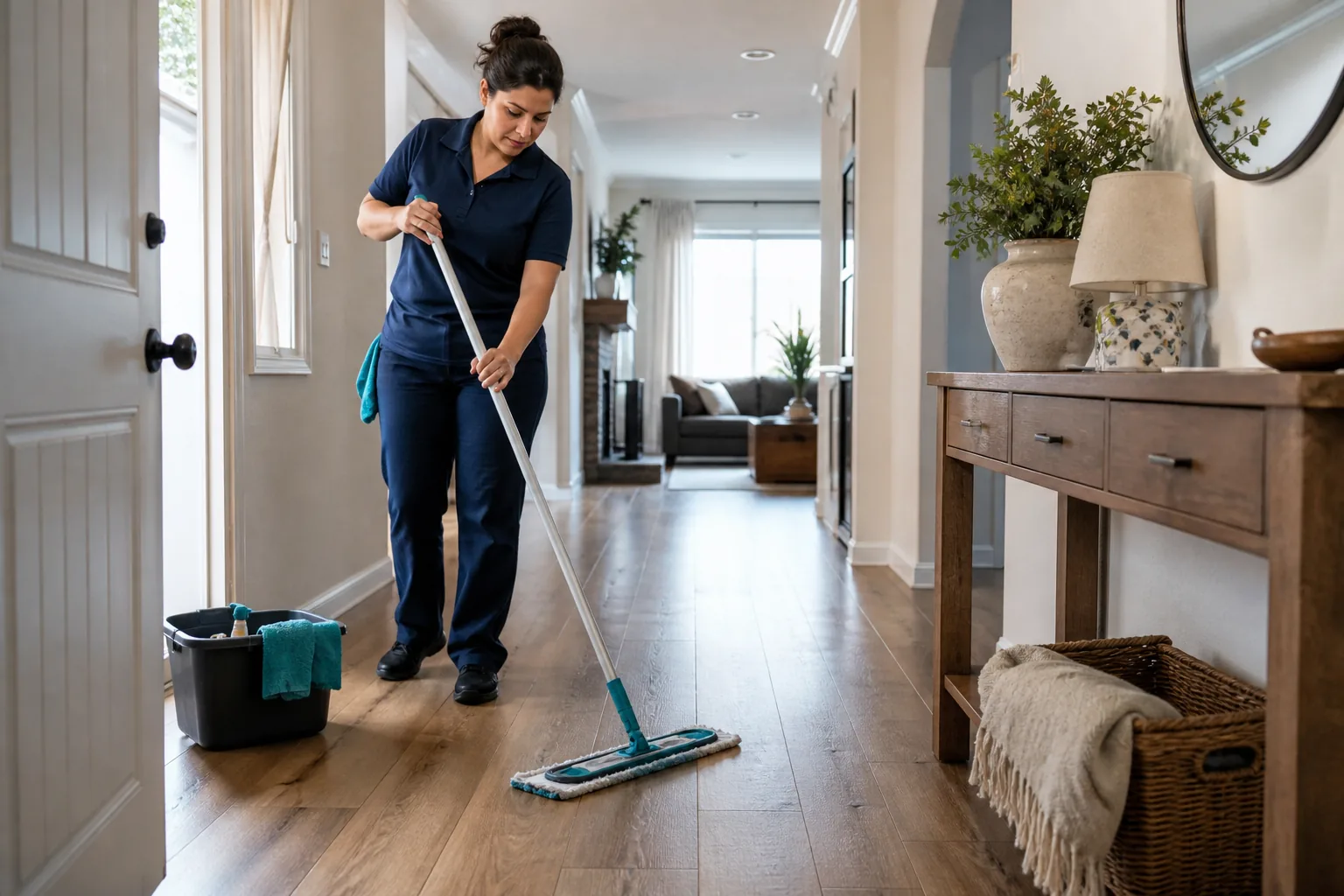A house cleaner mopping a hard-floor entry in a lived-in home