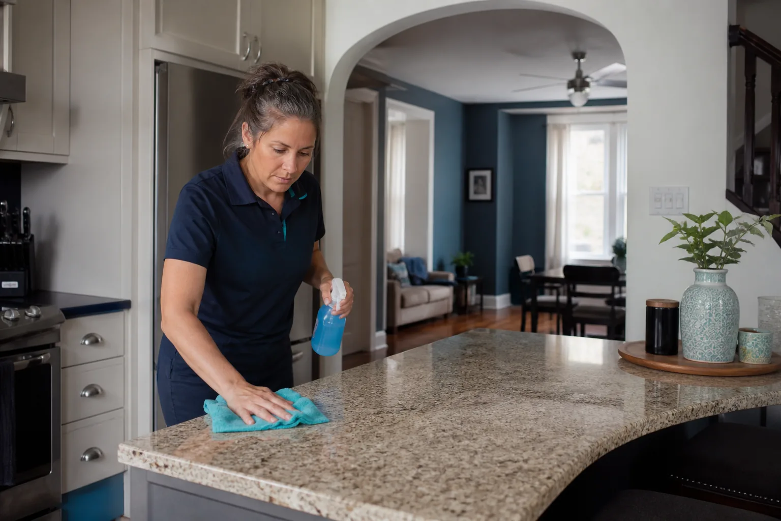 A house cleaner cleaning a kitchen island in a lived-in home