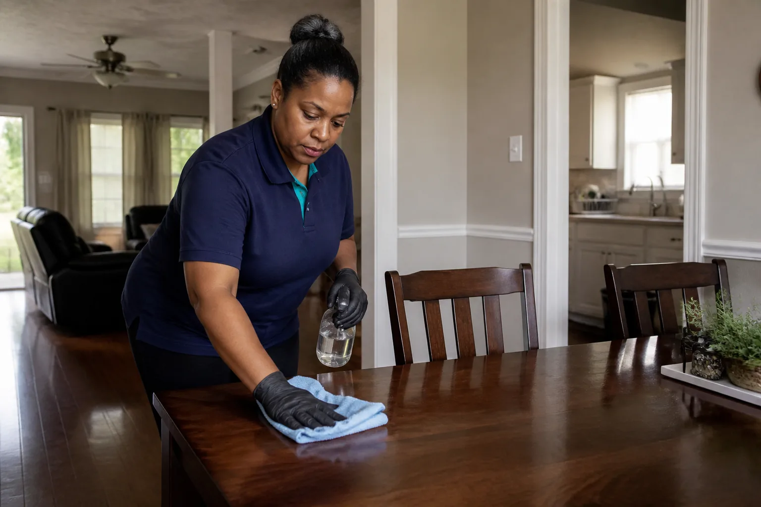 A house cleaner wiping a dining table in a lived-in home