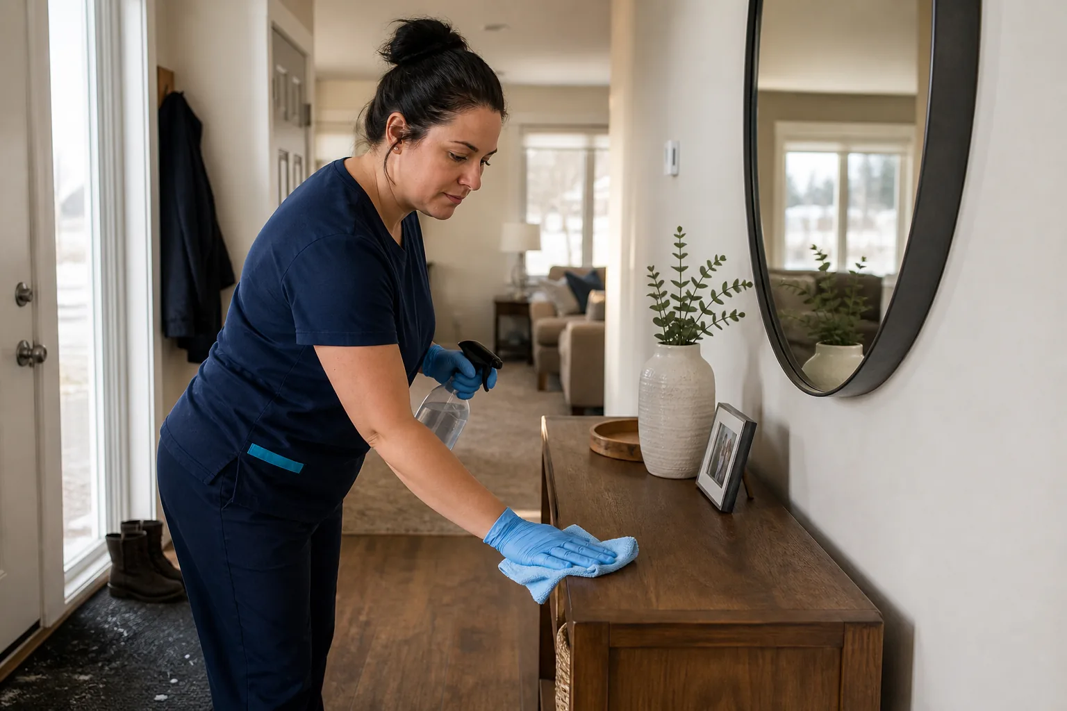 A house cleaner wiping a wood entry console in a lived-in home