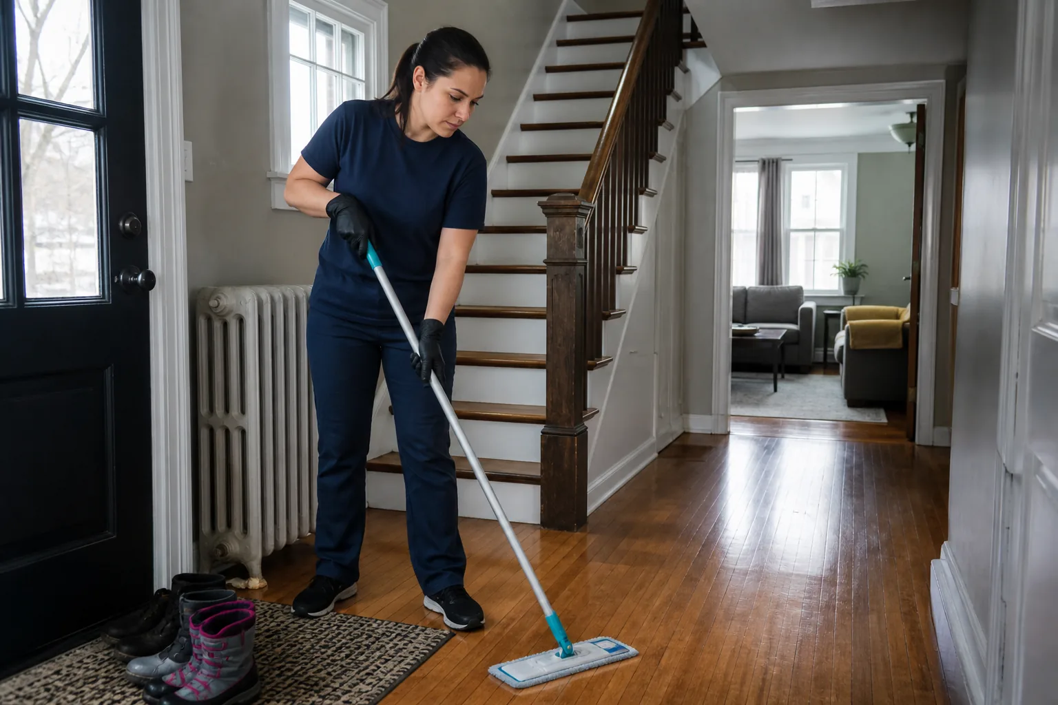 A house cleaner mopping a hard-floor entry in a lived-in home
