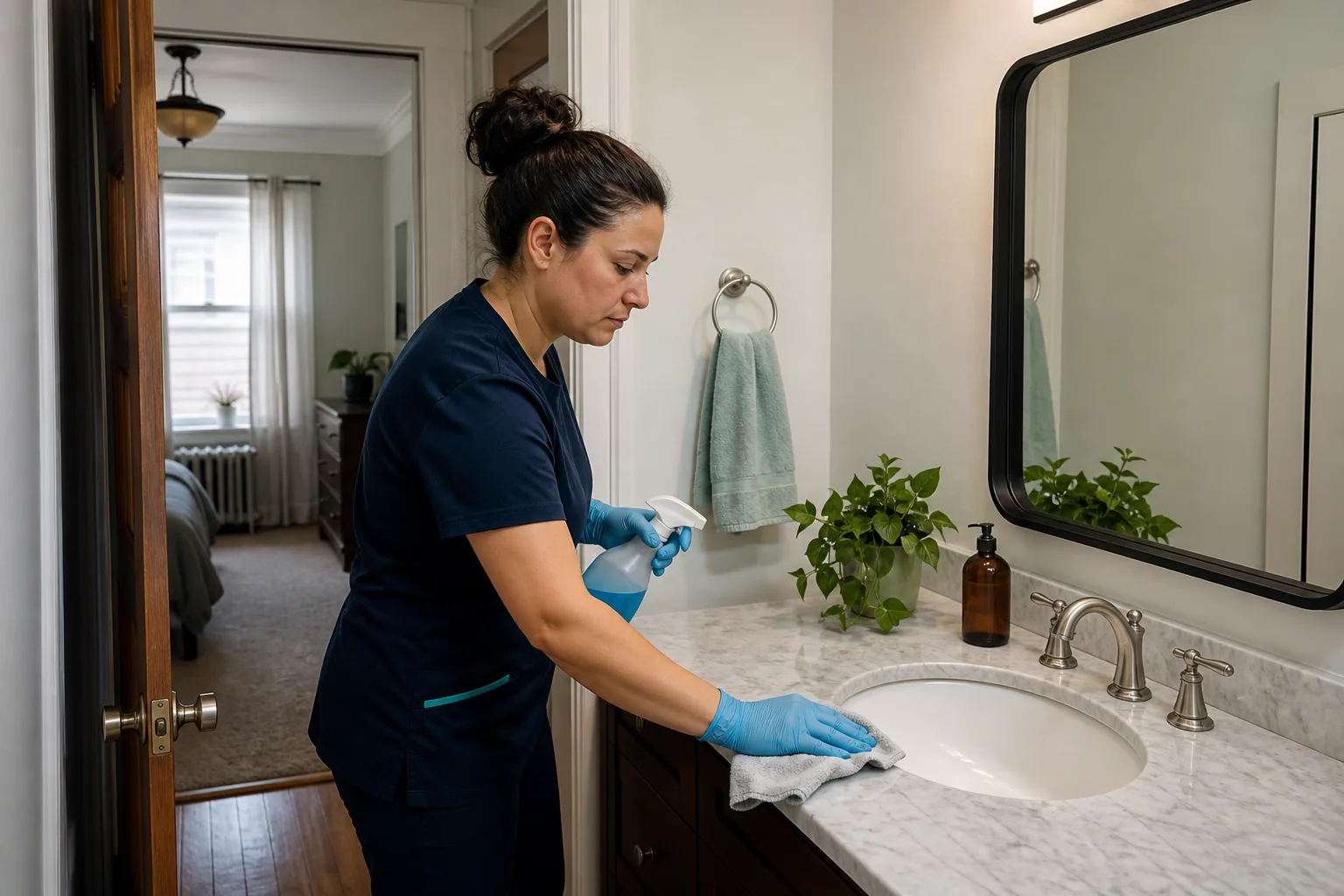 A house cleaner cleaning a bathroom vanity in a lived-in home