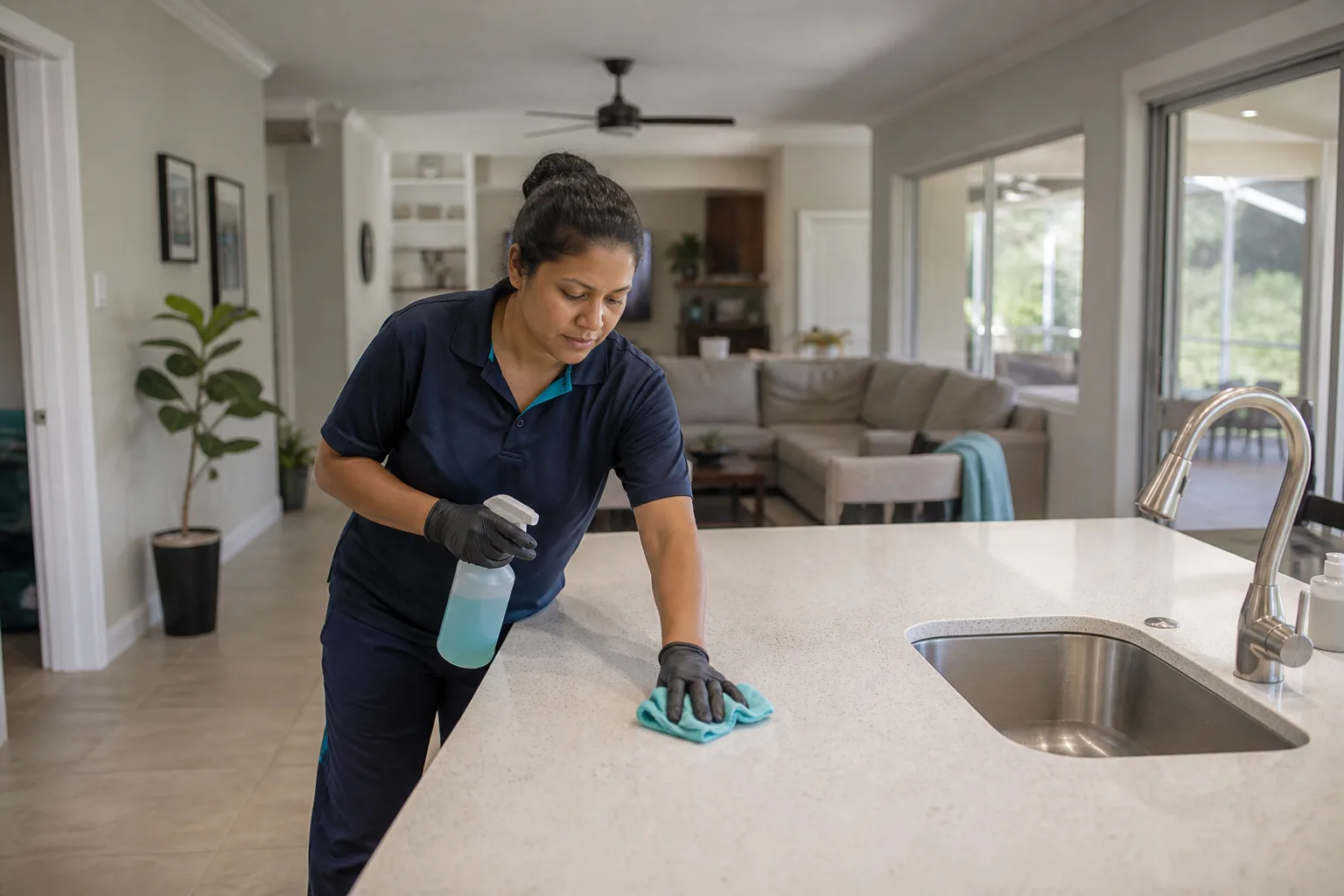 A house cleaner cleaning a kitchen island in a lived-in home
