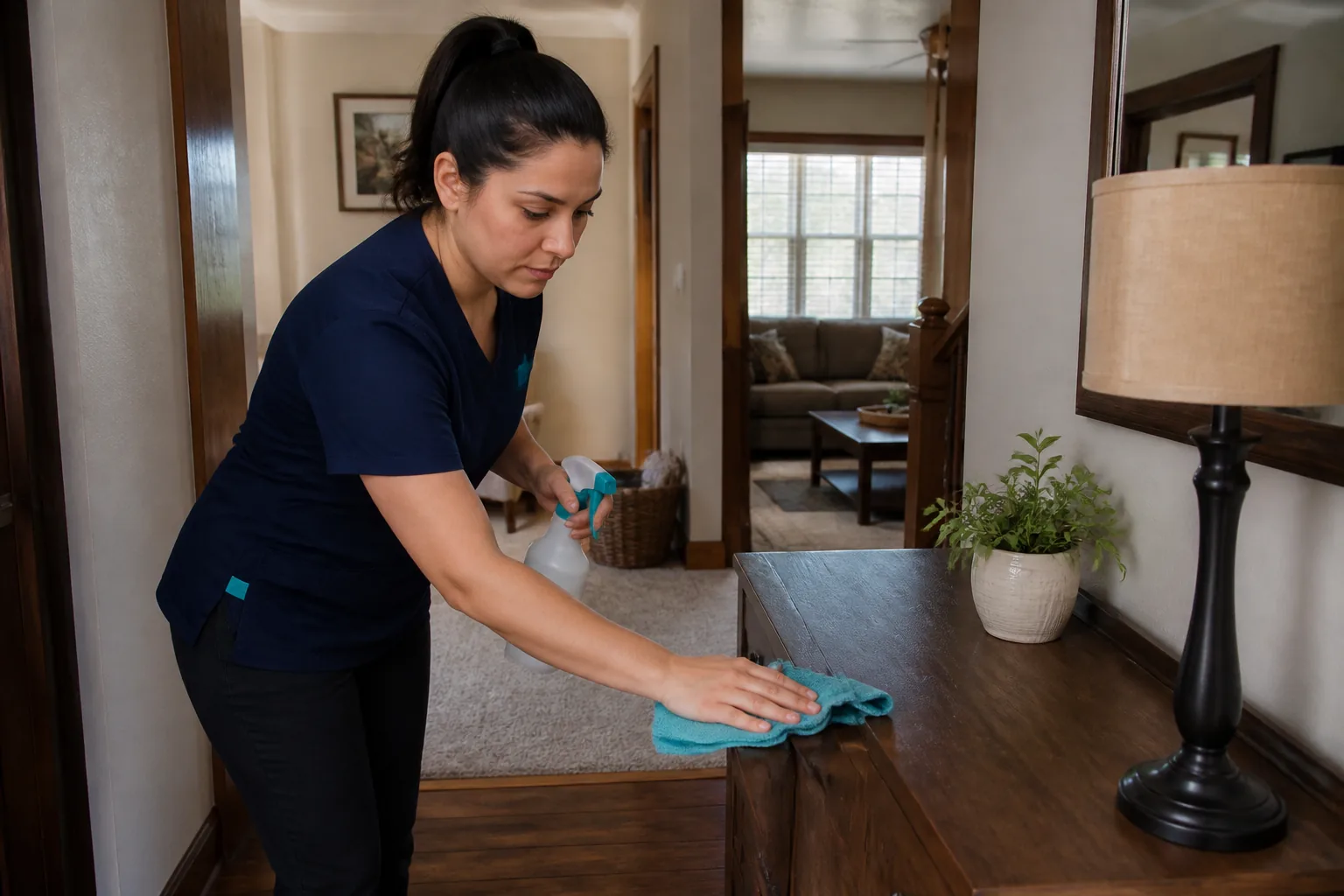 A house cleaner wiping a wood entry console in a lived-in home