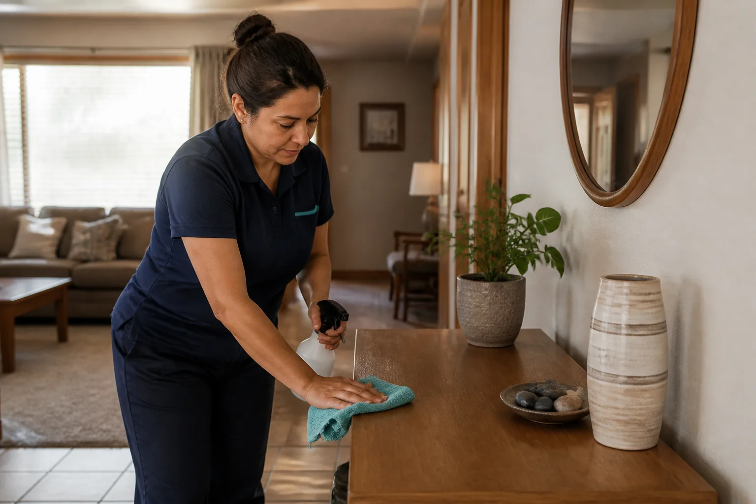 A house cleaner wiping a wood entry console in a lived-in home