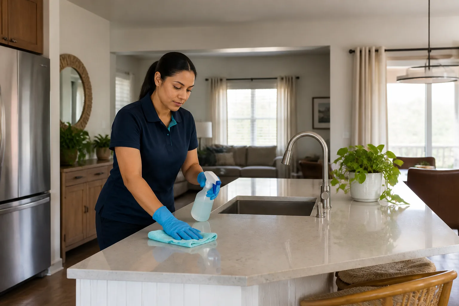 A house cleaner cleaning a kitchen island in a lived-in home