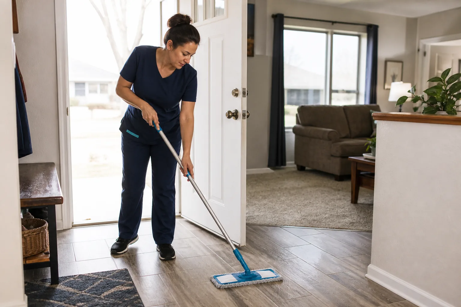 A house cleaner mopping a hard-floor entry in a lived-in home