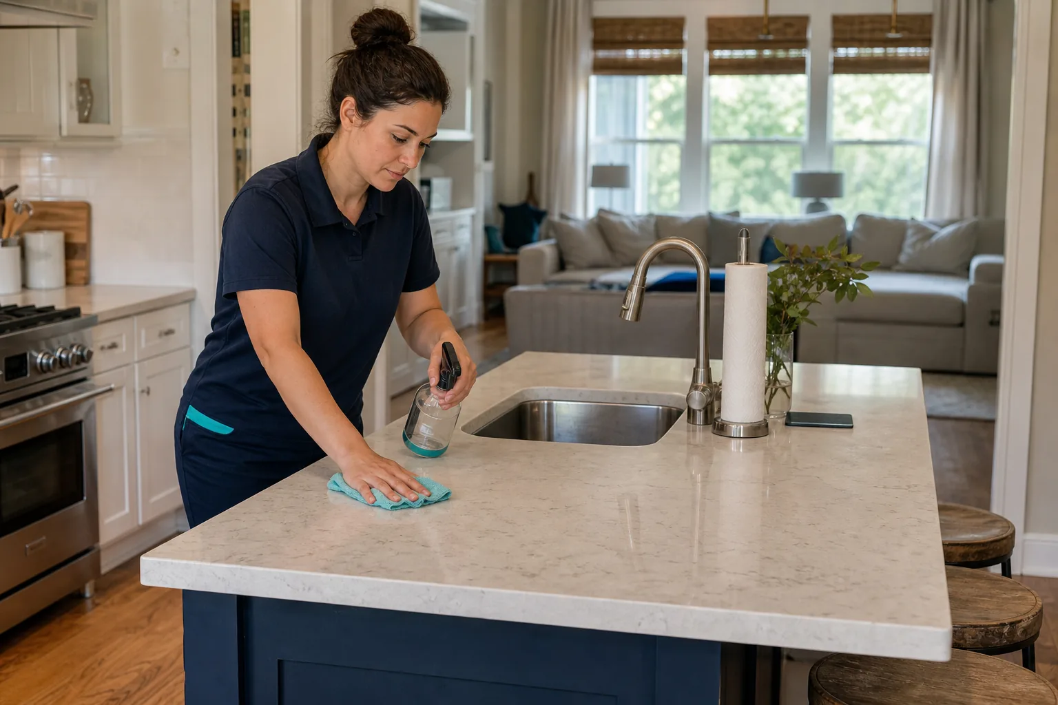 A house cleaner cleaning a kitchen island in a lived-in home
