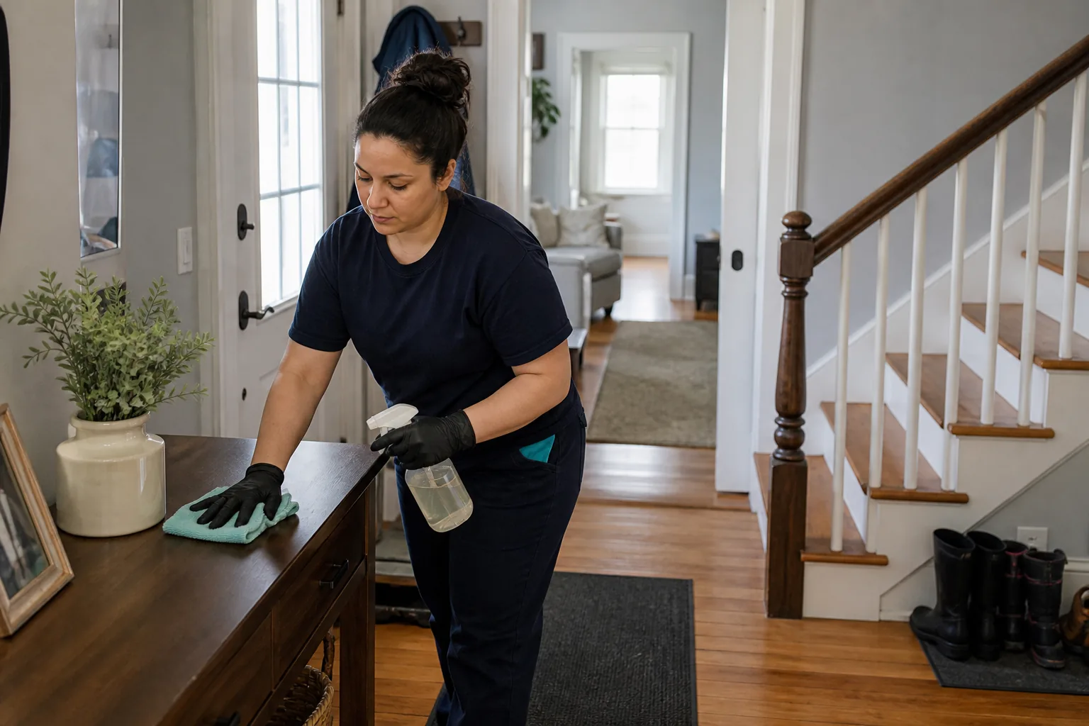 A house cleaner wiping a wood entry console in a lived-in home