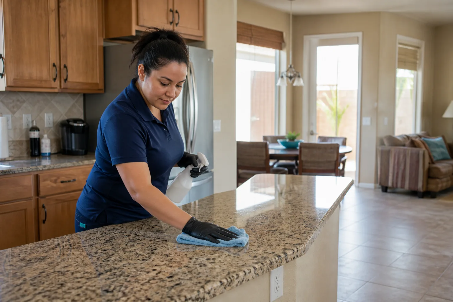A house cleaner cleaning a kitchen island in a lived-in home